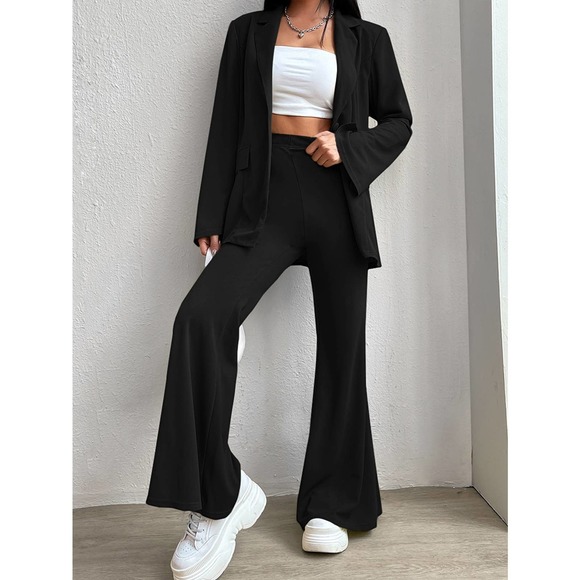 2 piece set suit single Button Blazer & Flare Leg wide leg Pants black - Picture 3 of 8